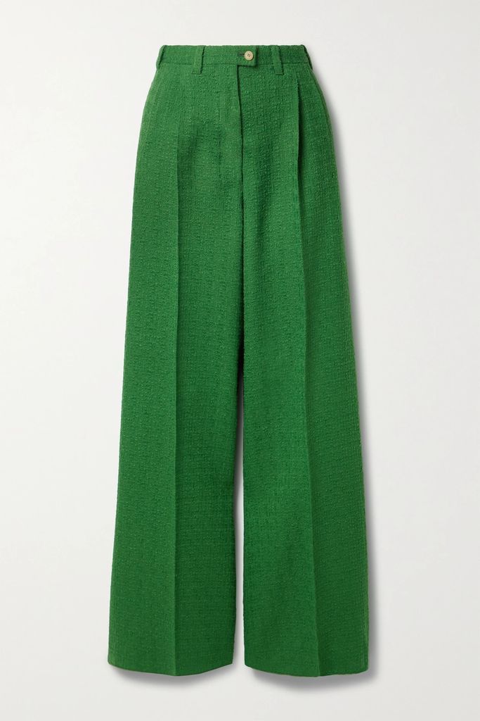 The Jasmine Pleated Wool-blend Bouclé Wide-leg Pants - Green