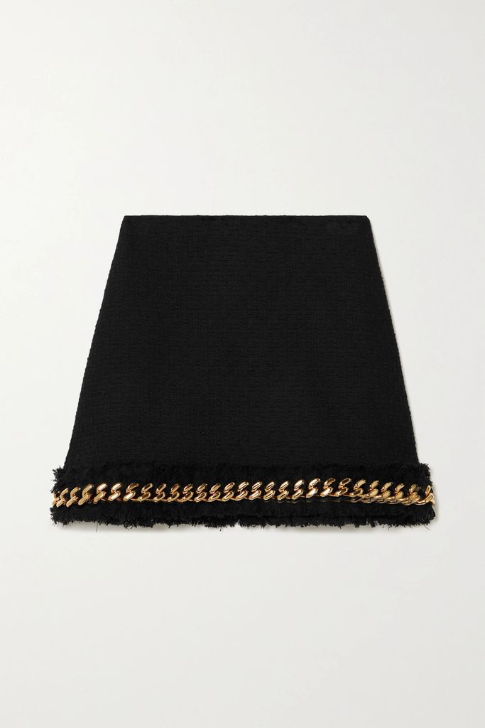 Chain-embellished Frayed Cotton-tweed Mini Skirt - Black