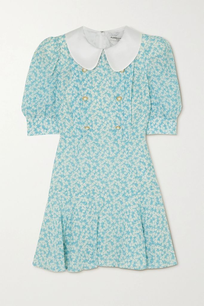 Floral-print Satin-trimmed Silk Mini Dress - Blue