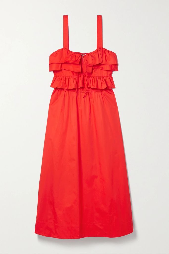 Ruffled Cotton-poplin Midi Dress - Red