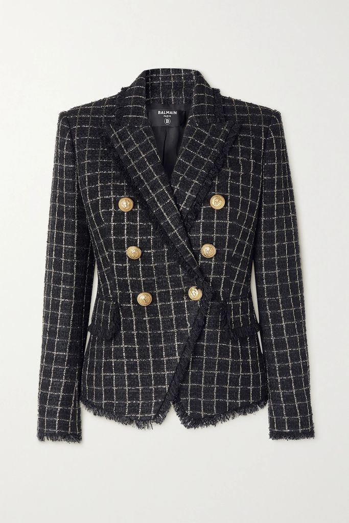 Double-breasted Frayed Checked Metallic Tweed Blazer - Black