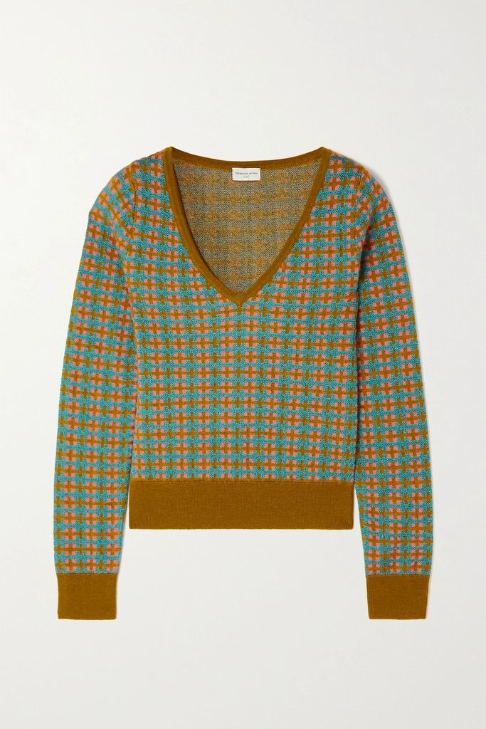 Checked Metallic Jacquard-knit Sweater - Green