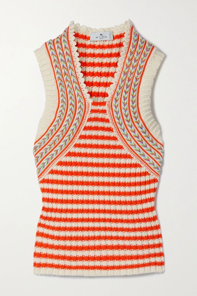 Striped Cotton And Wool-blend Tank - Bright orange