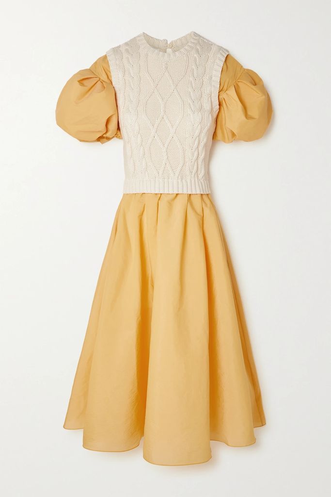 Layered Cable-knit Cotton And Cotton-blend Crepe Midi Dress - Yellow