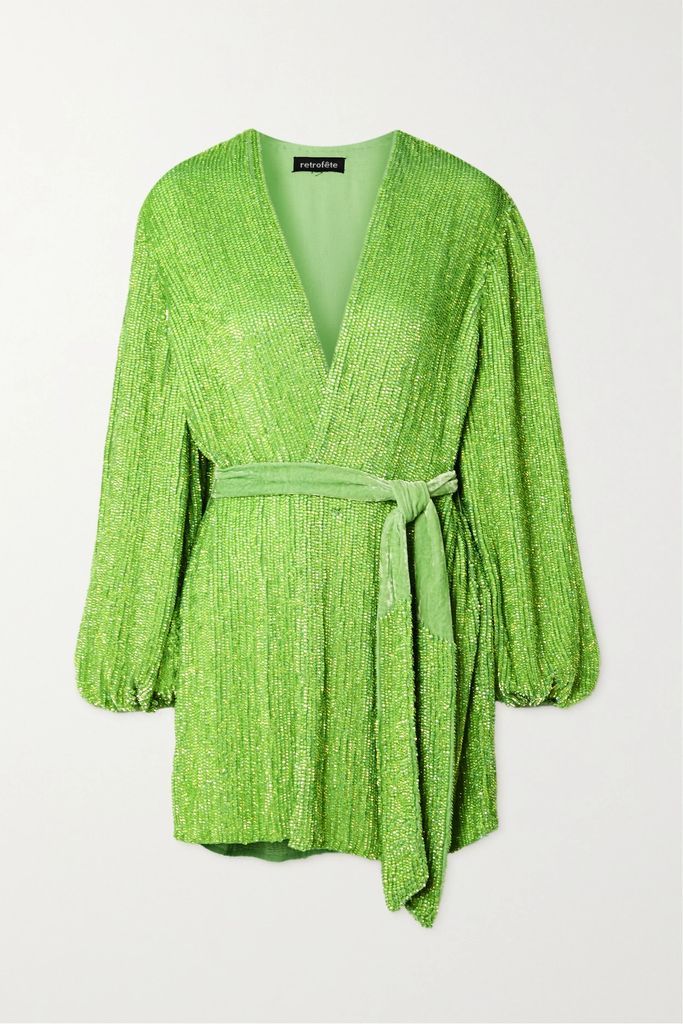 Gabrielle Velvet-trimmed Sequined Chiffon Wrap Mini Dress - Lime green
