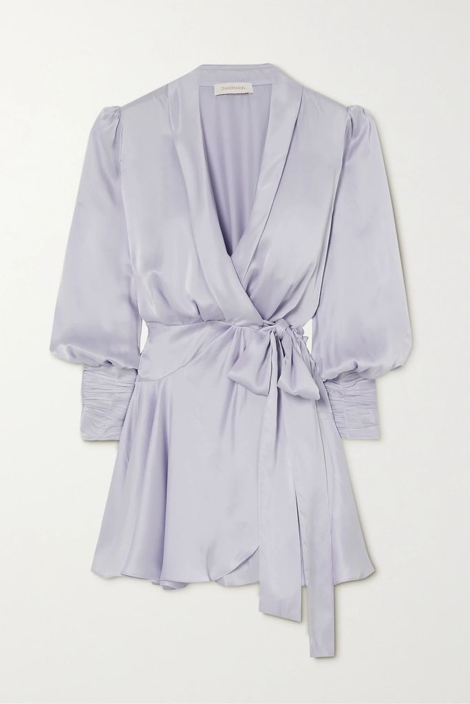 Ruffled Silk-satin Mini Wrap Dress - Lilac