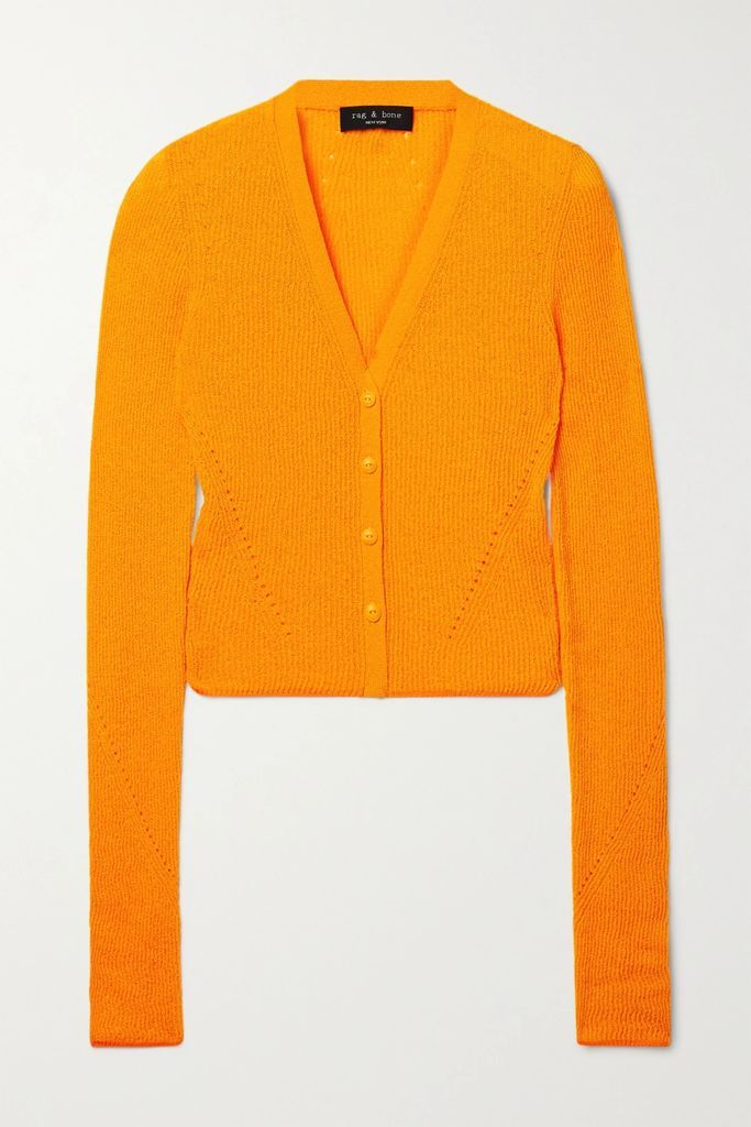 Soleil Ribbed Cropped Pointelle-knit Cotton-blend Cardigan - Orange