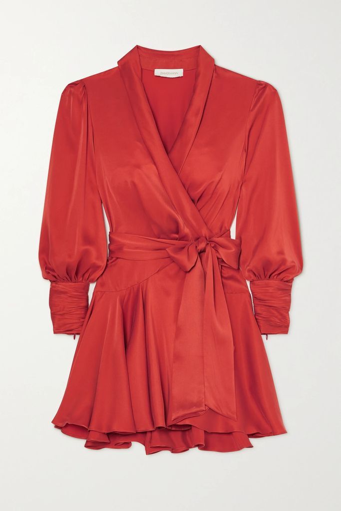 Ruffled Silk-satin Wrap Mini Dress - Red