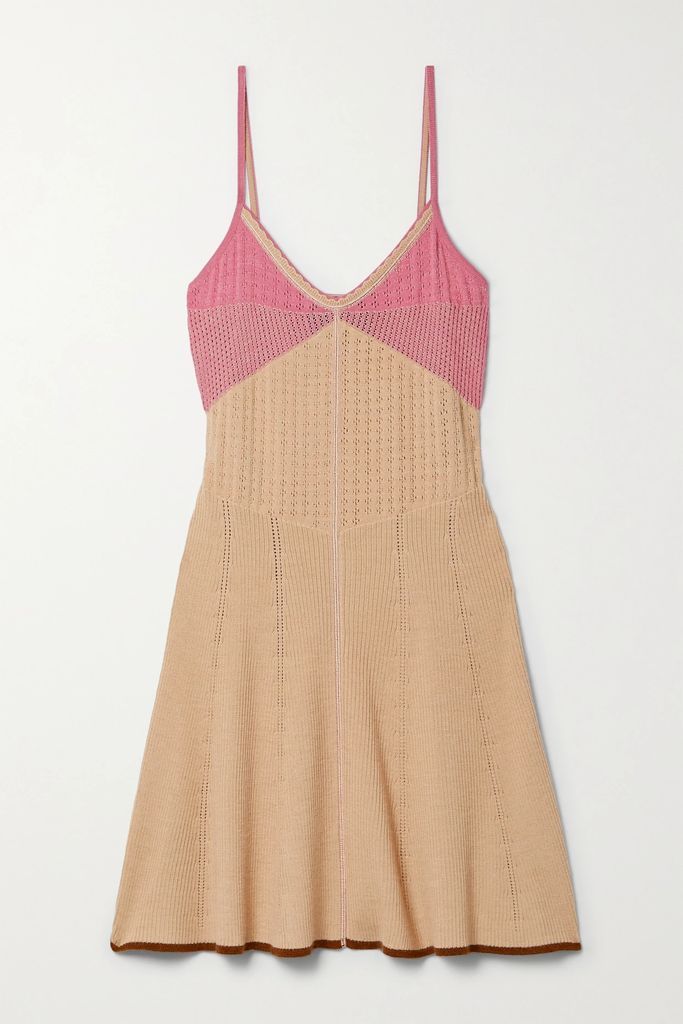 Color-block Pointelle-knit Mini Dress - Sand