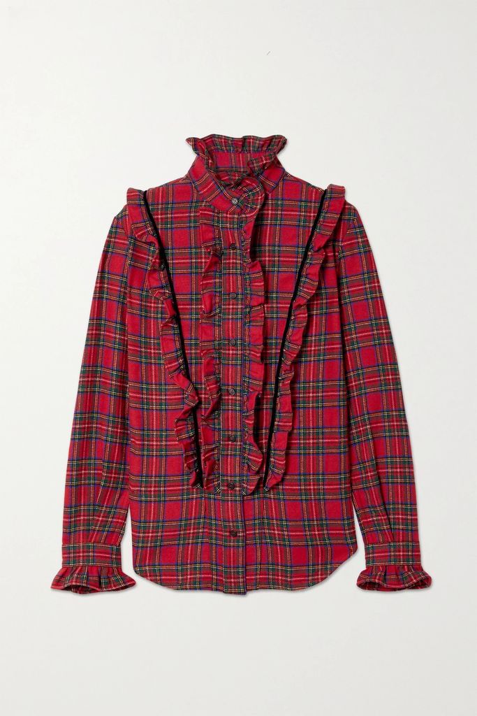 Velvet-trimmed Ruffled Tartan Wool-blend Shirt - Red
