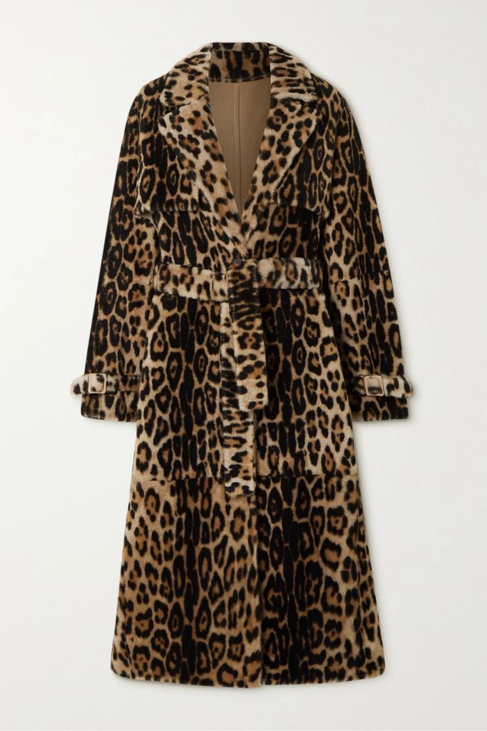 Belted Leopard-print Shearling Trench Coat - Leopard print