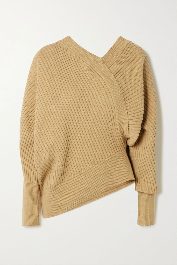 Asymmetric Ribbed Cotton-blend Sweater - Beige