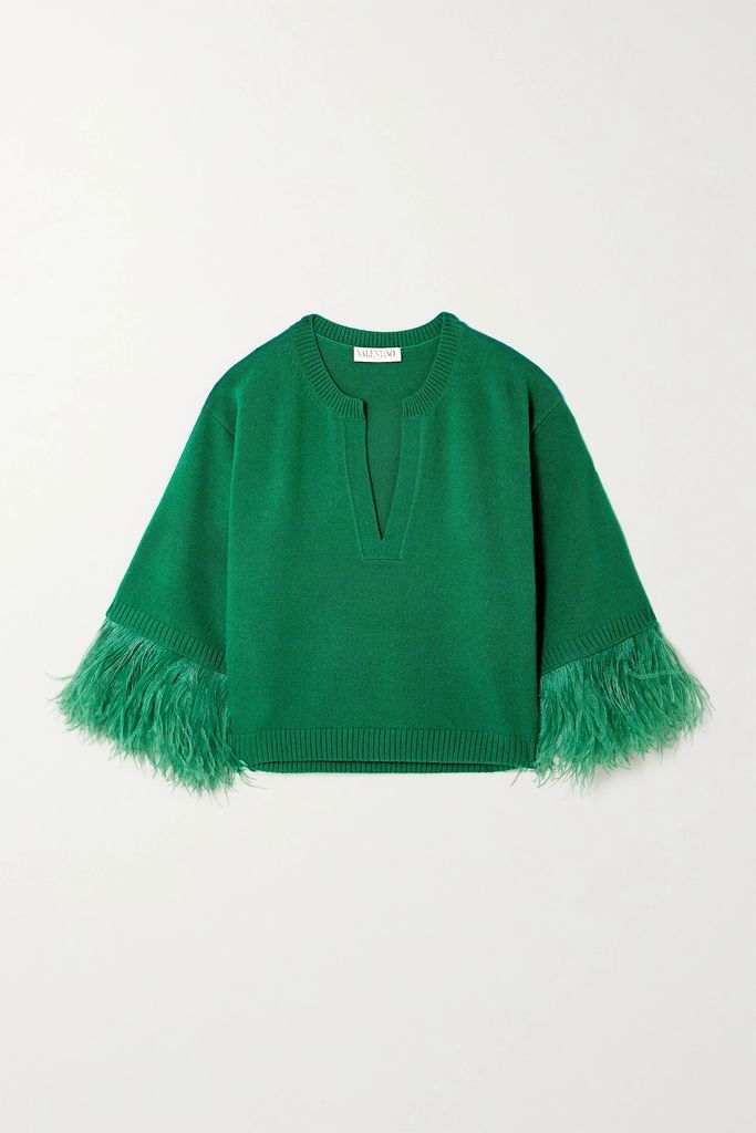 Feather-trimmed Wool And Cashmere-blend Sweater - Green