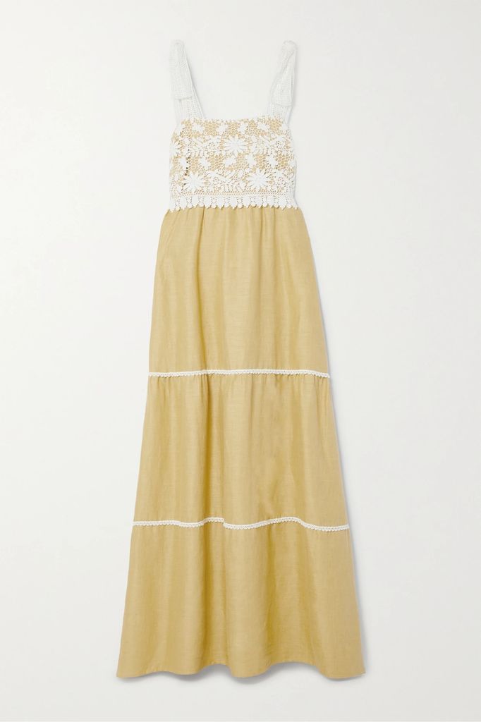 Juniper Crocheted Cotton And Linen Midi Dress - Yellow