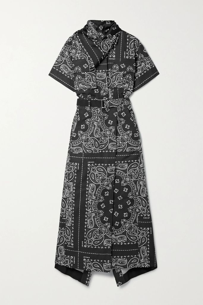 Belted Satin-trimmed Paisley-print Cotton Midi Dress - Black