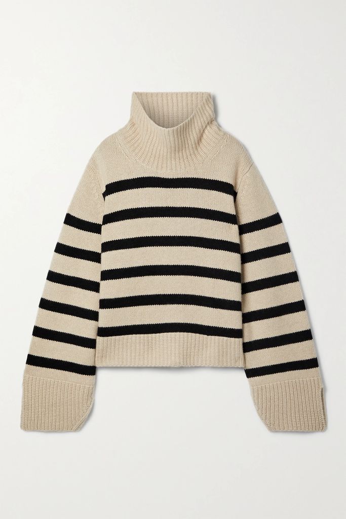 Marion Striped Cashmere Turtleneck Sweater - Ecru