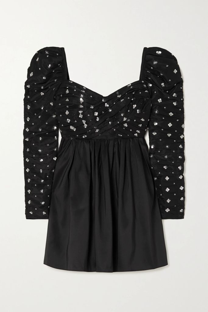 Sequin-embellished Ruched Taffeta Mini Dress - Black