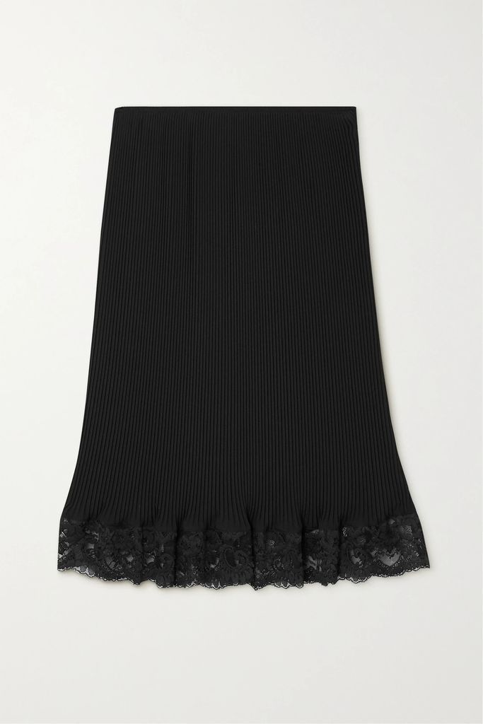 Lace-trimmed Plissé-crepe Skirt - Black