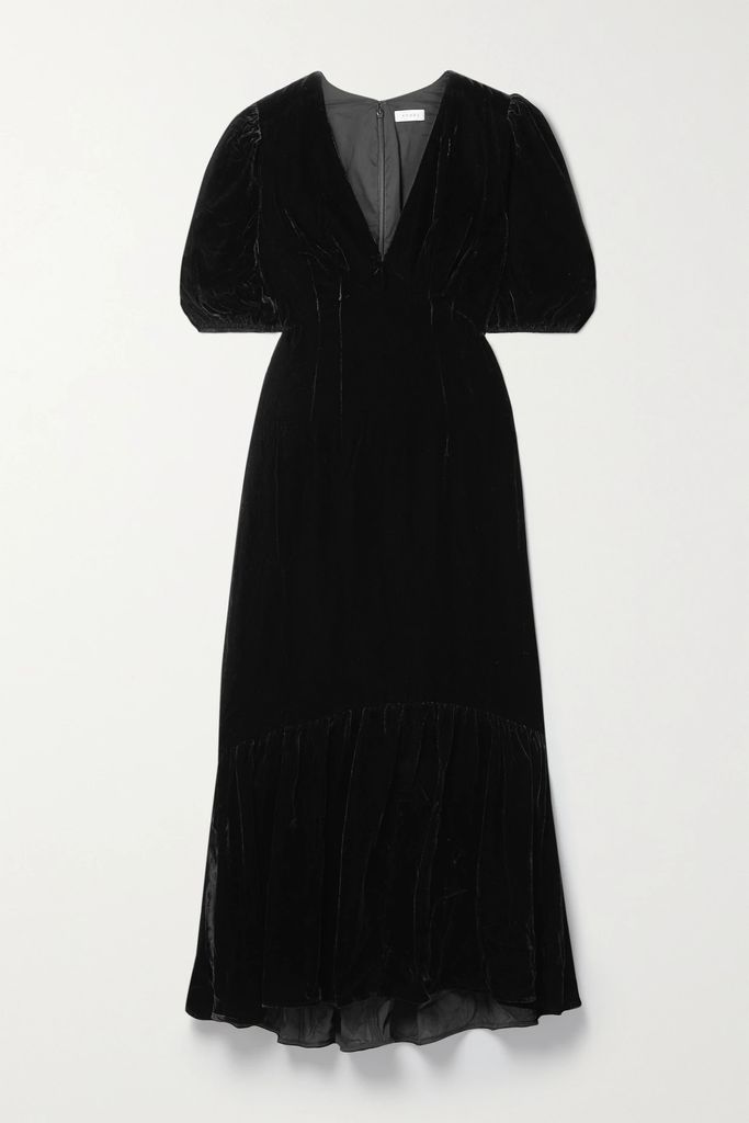 Ester Gathered Velvet Midi Dress - Black