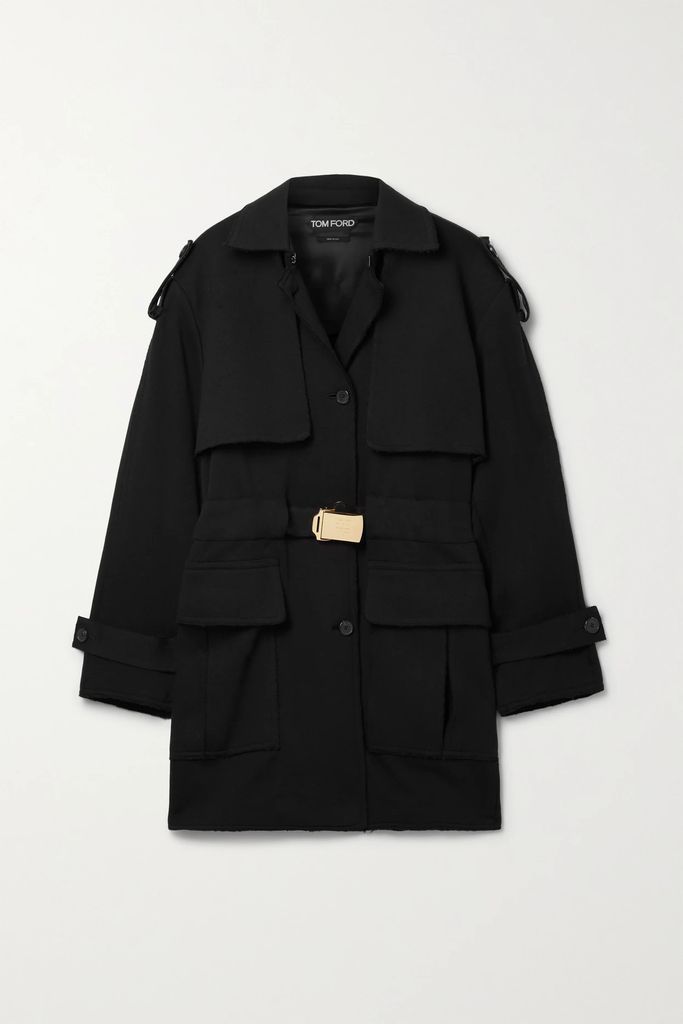 Belted Frayed Cotton-jersey Trench Coat - Black