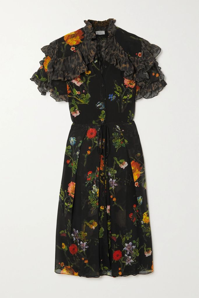 Kathleen Ruffled Printed Recycled Georgette Dress - Black