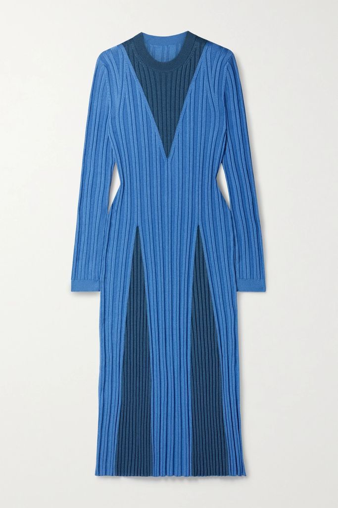 Remy Two-tone Ribbed Cotton-blend Midi Dress - Blue