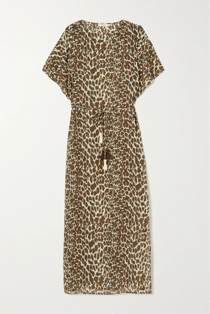 Tasseled Leopard-print Cotton And Silk-blend Chiffon Kaftan - Brown