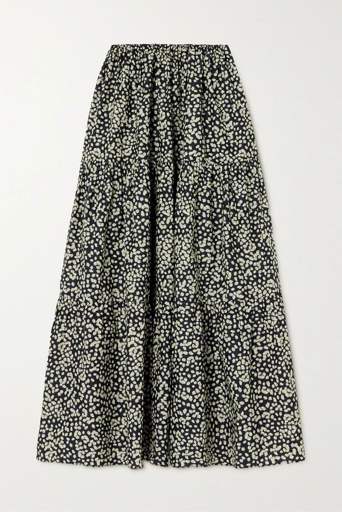 + Net Sustain Tiered Floral-print Organic Cotton-poplin Maxi Skirt - Blue