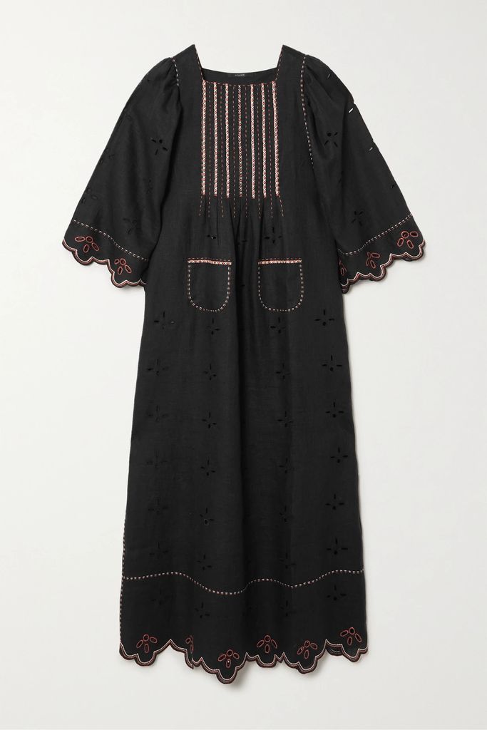 Bridget Embroidered Broderie Anglaise Linen-gauze Maxi Dress - Black