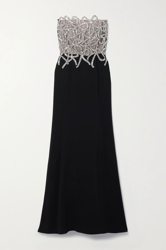 Strapless Embellished Tulle And Silk-blend Crepe Gown - Black