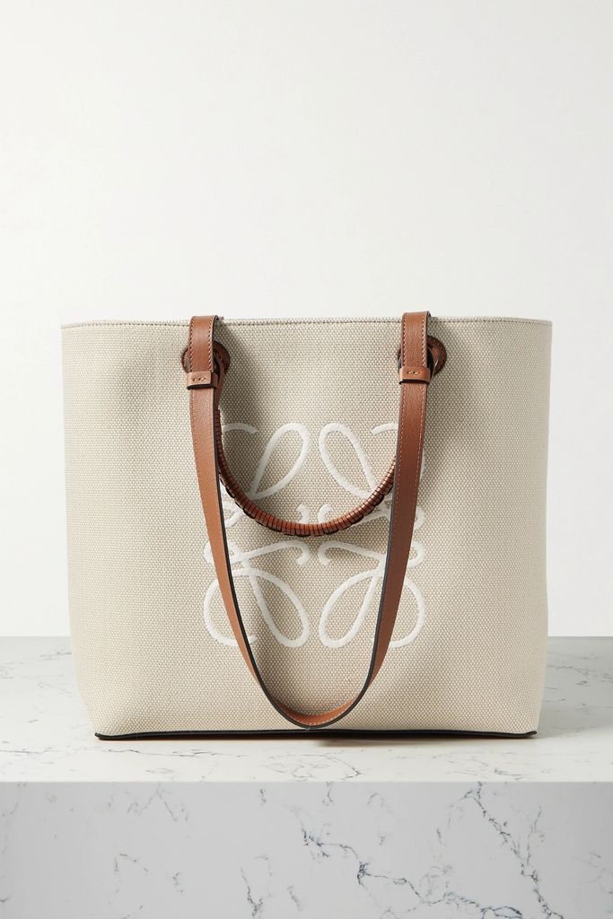 Anagram Medium Leather-trimmed Embroidered Canvas Tote - Beige