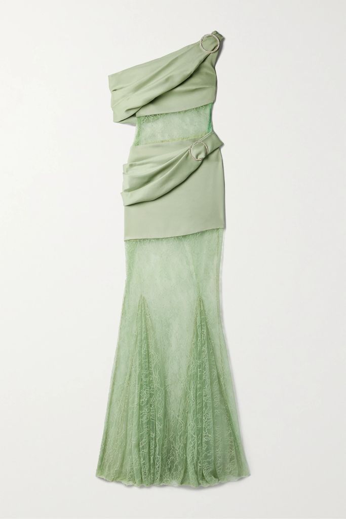 Off-the-shoulder Embellished Lace-paneled Satin-crepe Gown - Gray green