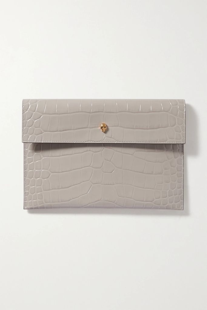 Envelope Croc-effect Leather Pouch - Gray