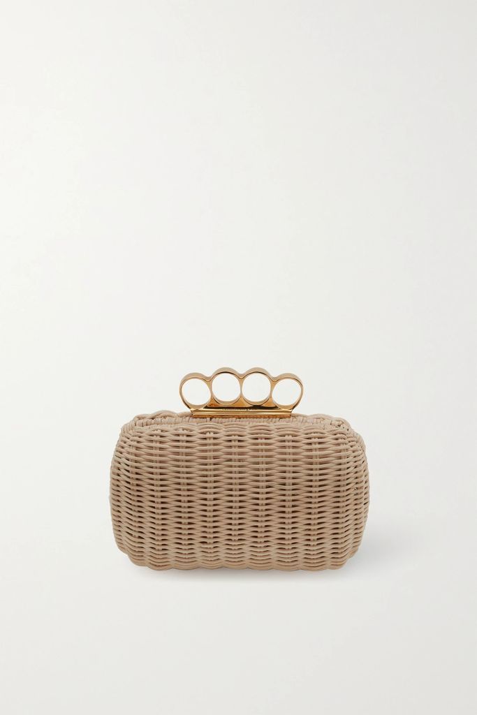 Four Ring Embellished Rattan Clutch - Neutral