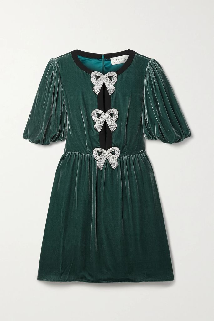 Camille Bow-embellished Crepe-trimmed Velvet Mini Dress - Jade