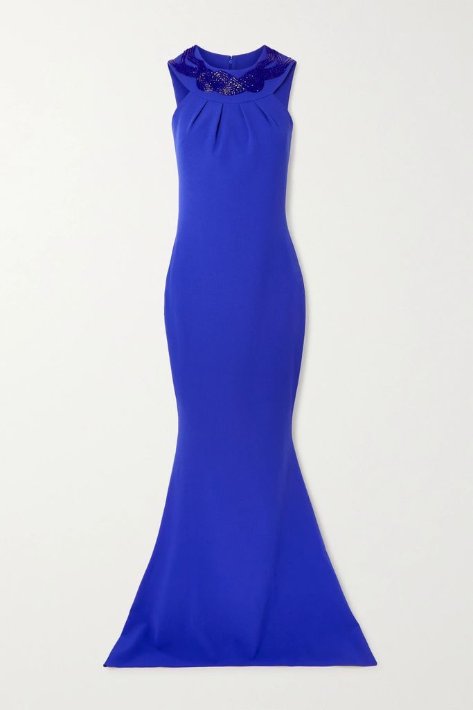 Bead-embellished Crepe Halterneck Gown - Blue