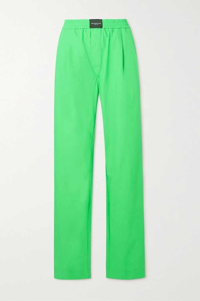 Pleated Neon Cotton-poplin Straight-leg Pants - Green