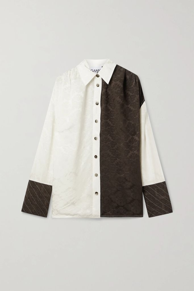 Two-tone Floral-jacquard Shirt - Dark brown