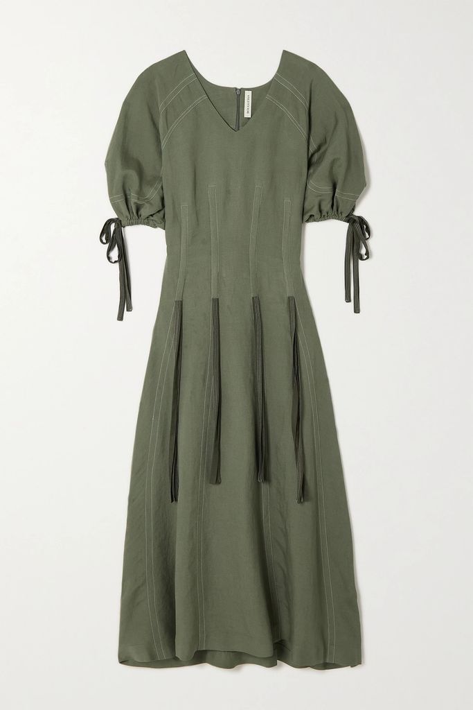 Liz Tasseled Linen-blend Midi Dress - Army green