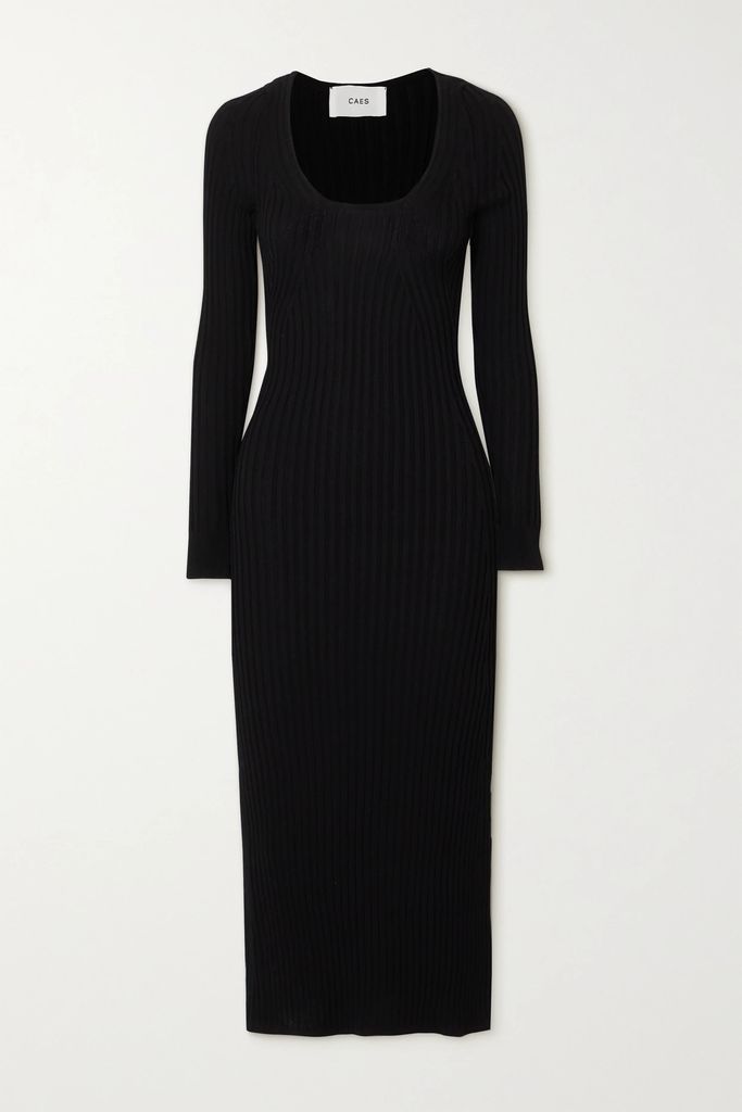 Ribbed-knit Midi Dress - Black
