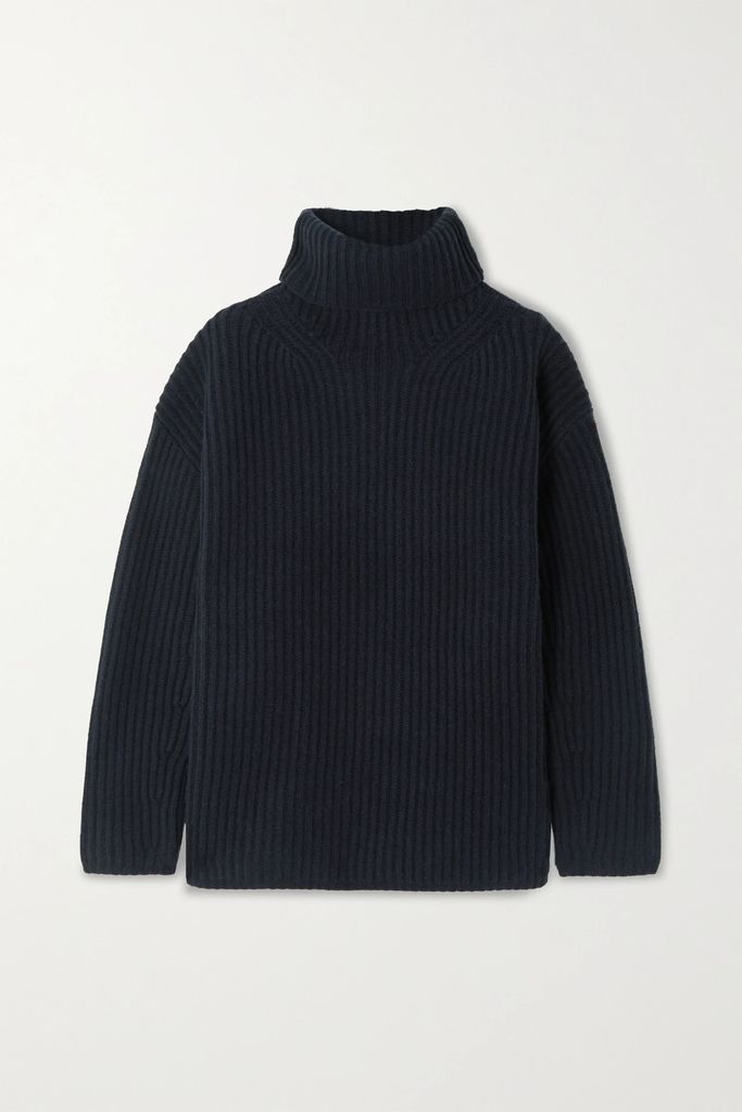 Ribbed Merino Wool Turtleneck Sweater - Navy