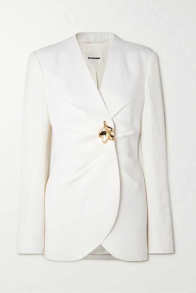 Embellished Gathered Woven Jacket - White