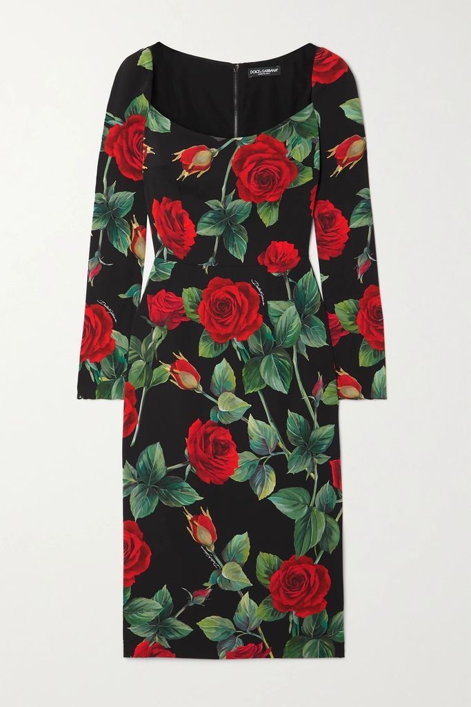Floral-print Stretch-silk Midi Dress - Black