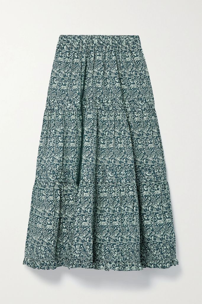 + Laura Ashley Brie Tiered Printed Cotton-poplin Maxi Skirt - Blue