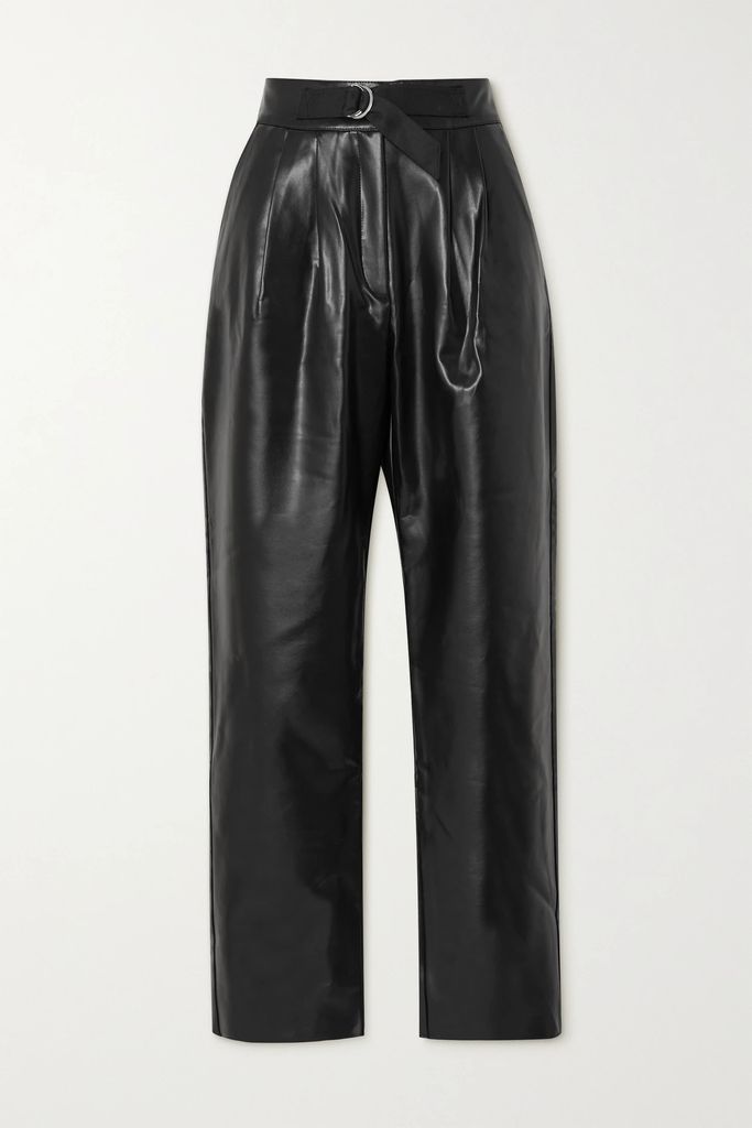 Belted Pleated Faux Leather Straight-leg Pants - Black
