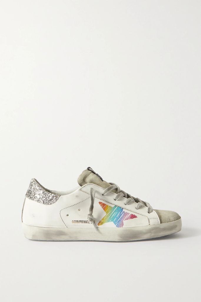 Superstar Glittered Distressed Leather And Suede Sneakers - White