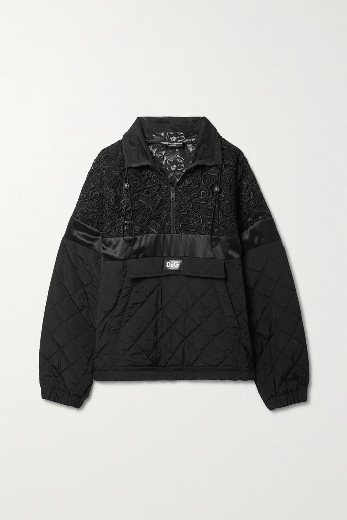 Quilted Nylon, Satin And Macramé Lace Half-zip Sweatshirt - Black