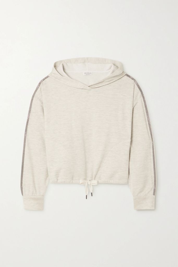Bead-embellished Cotton-blend Jersey Hoodie - Light gray