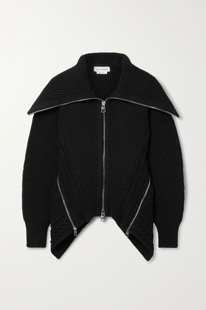 Zip-detailed Ribbed And Cable-knit Wool Cardigan - Black