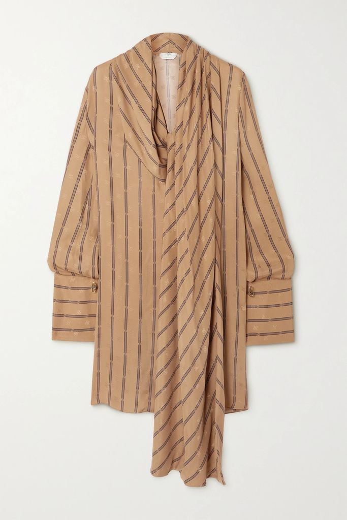 Oversized Draped Striped Silk-jacquard Mini Dress - Camel